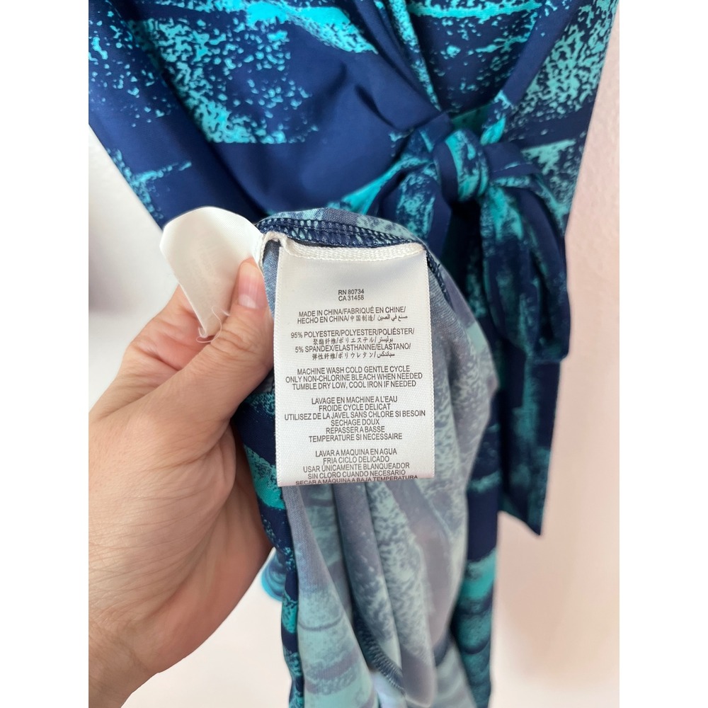 BCBGMAXAZRIA Blue Teal Stripe Print Wrap Dress Midi Long Sleeve - Picture 4 of 5